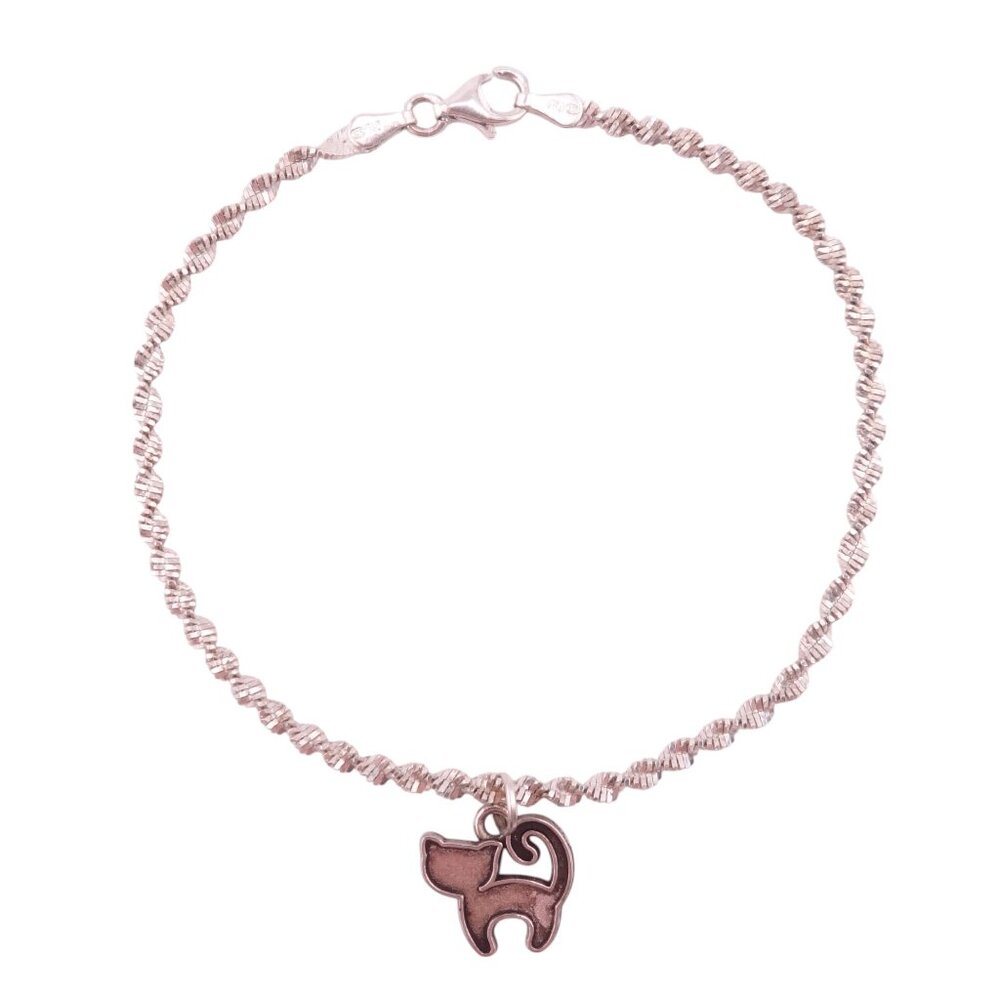 Cat Charm on .925 Sterling Silver Singapore Chain Bracelet 7.5" NWOT